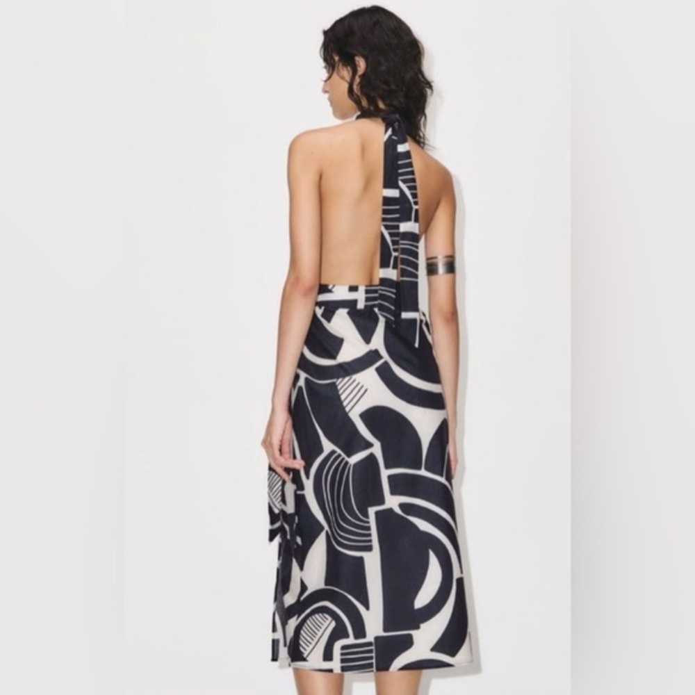ZARA black & Oyster White‎ PRINTED belted HALTER DRESS size medium new